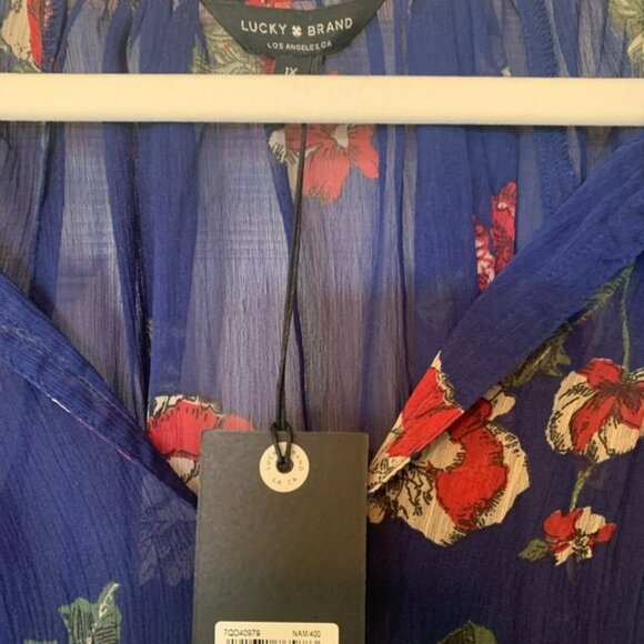 Women’s Lucky Brand Boho Royal Blue Floral LS Peasant Blouse | 1X NWT - Picture 2 of 6